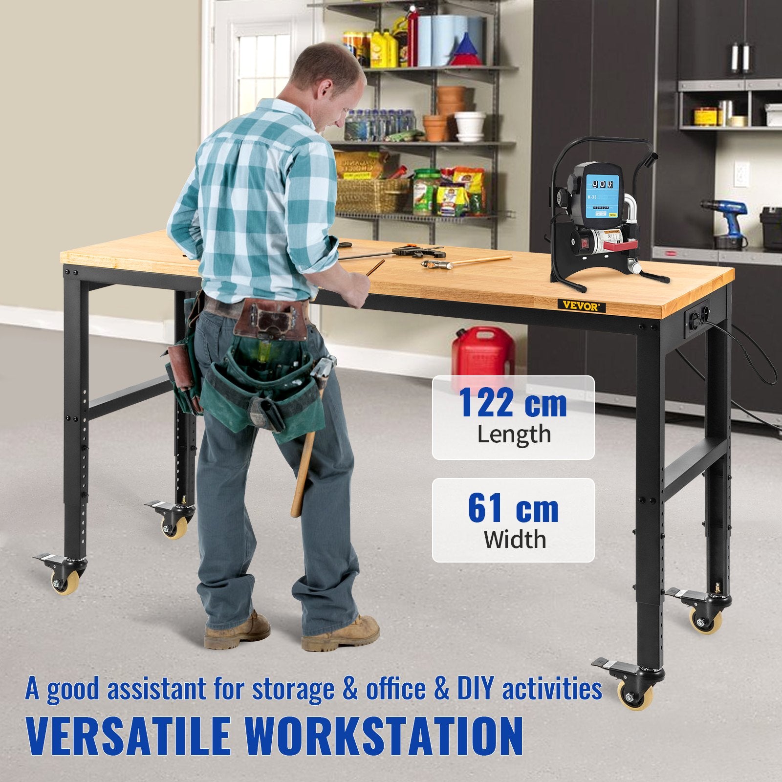 Workbench Adjustable Height, 122cm W X 61cm D X 104cm H Garage Table