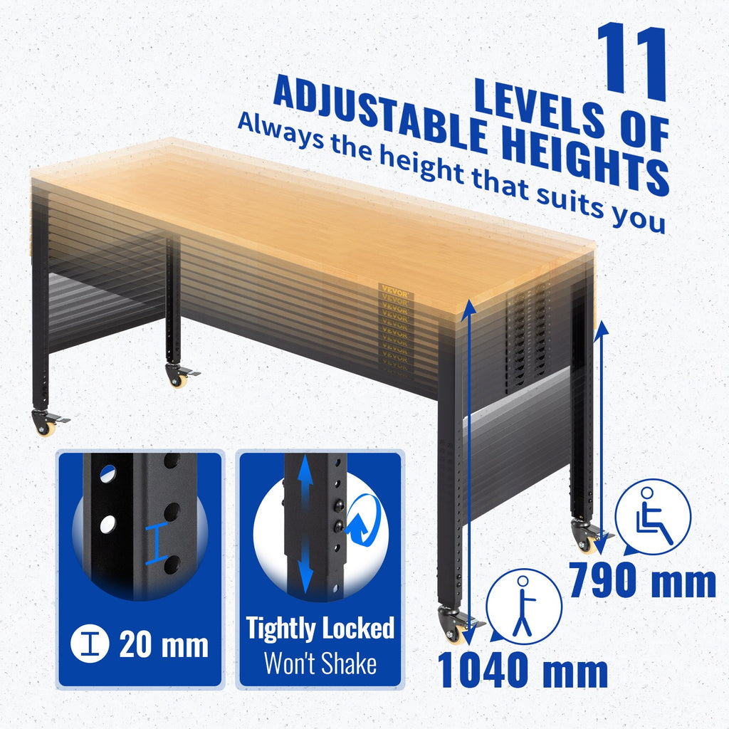 Workbench Adjustable Height, 122cm W X 61cm D X 104cm H Garage Table