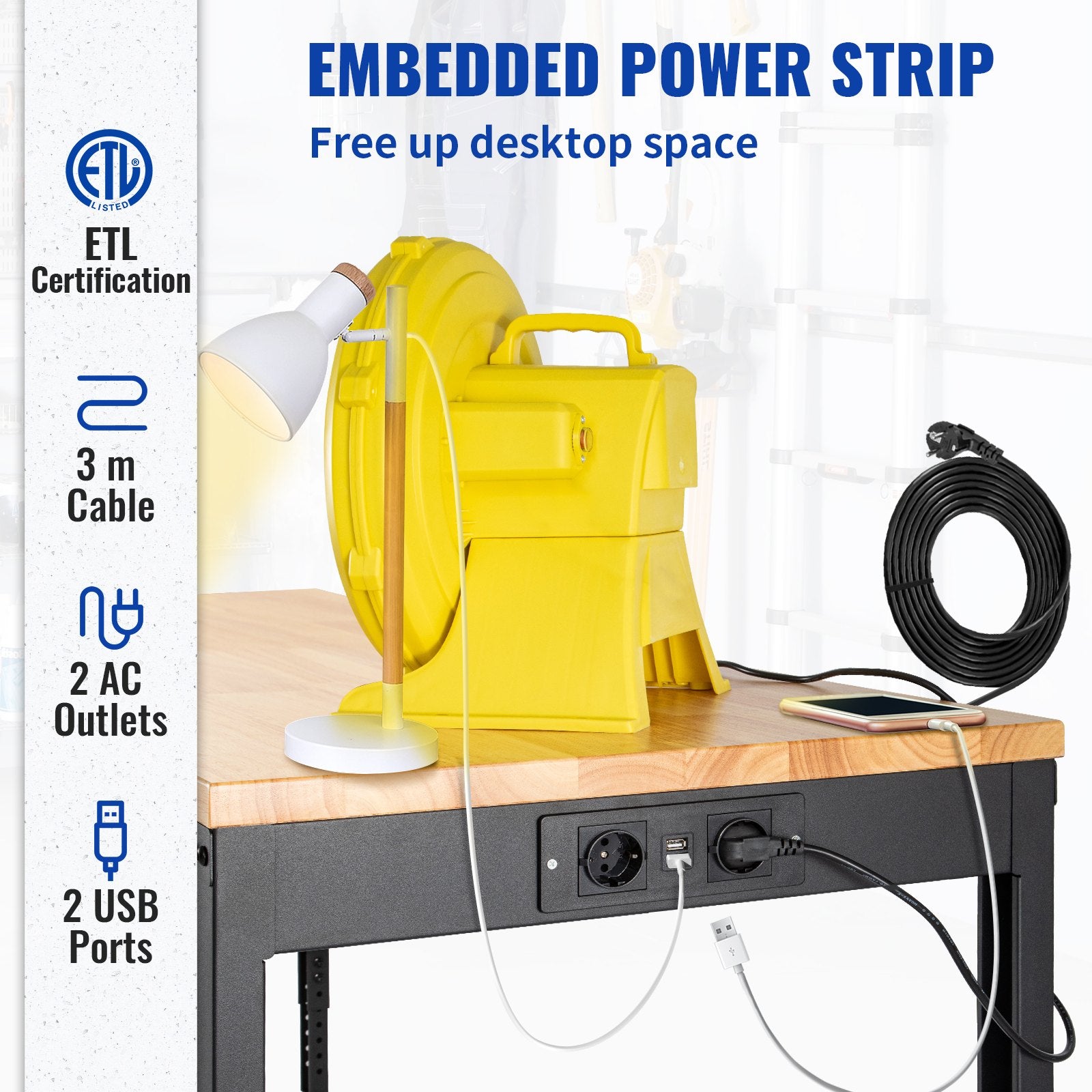 Workbench Adjustable Height, 122cm W X 61cm D X 104cm H Garage Table