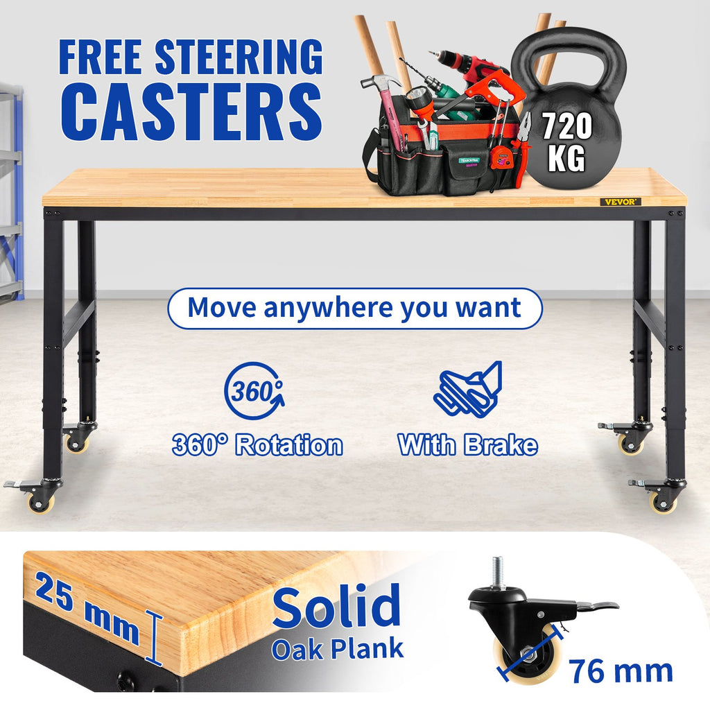 Workbench Adjustable Height, 122cm W X 61cm D X 104cm H Garage Table