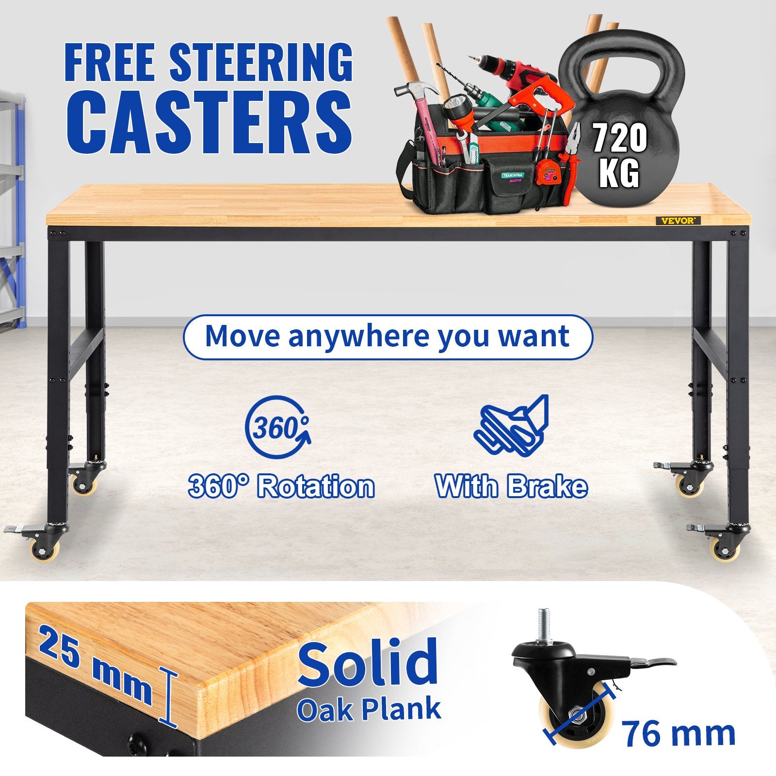 Workbench Adjustable Height, 122cm W X 61cm D X 104cm H Garage Table
