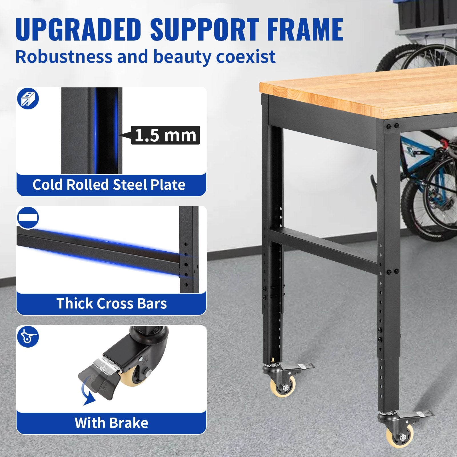 Workbench Adjustable Height, 122cm W X 61cm D X 104cm H Garage Table