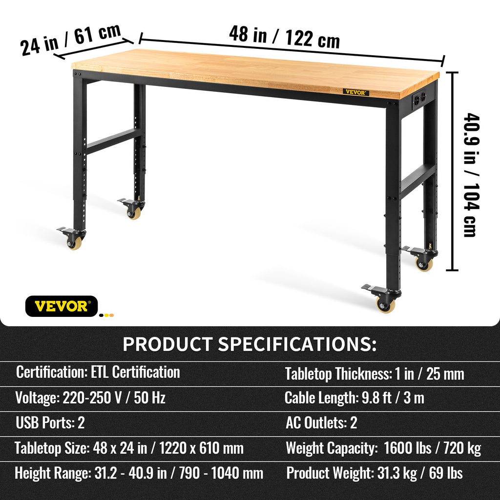 Workbench Adjustable Height, 122cm W X 61cm D X 104cm H Garage Table