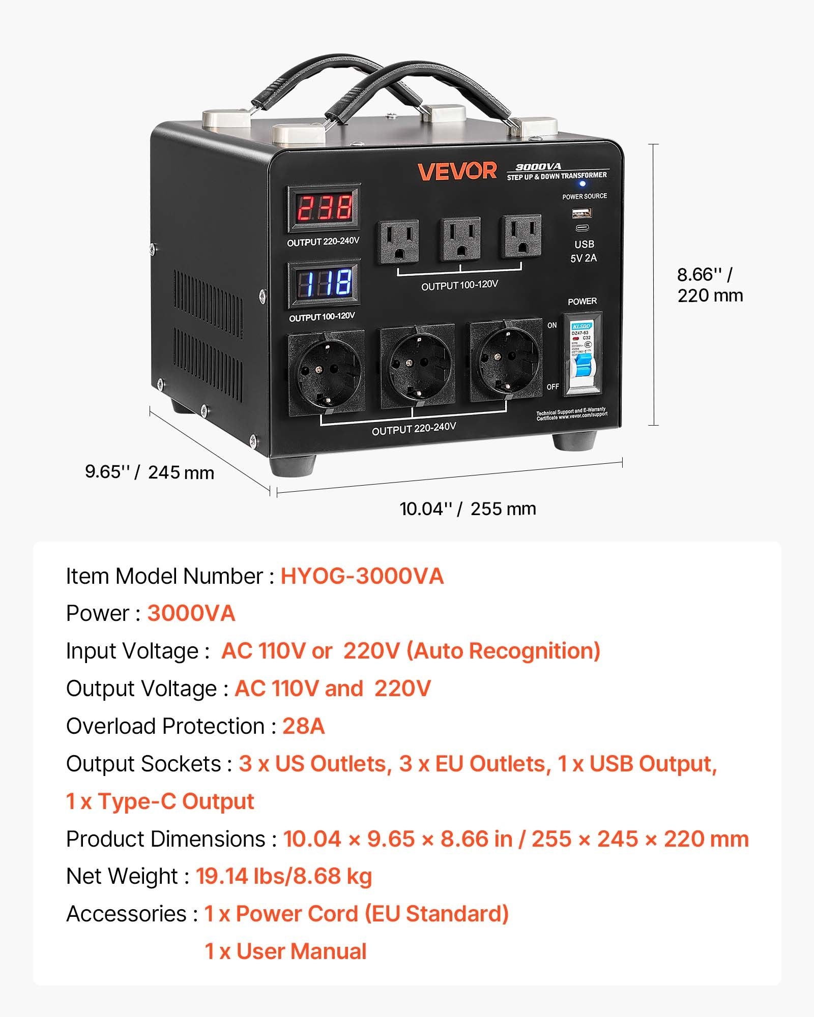 Voltage Auto Converter Transformer, 3000VA, Heavy Duty Step Up/Down