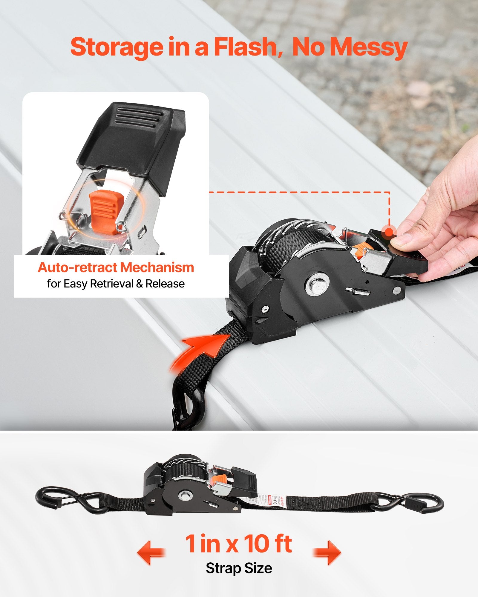 Retractable Ratchet Straps, 25.4 mm x 3 m, Tie Down Straps with S