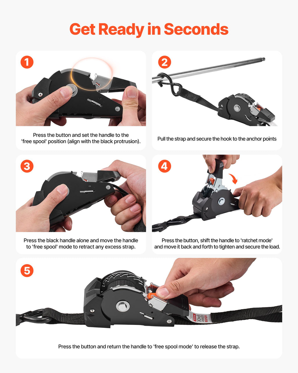 Retractable Ratchet Straps, 25.4 mm x 3 m, Tie Down Straps with S