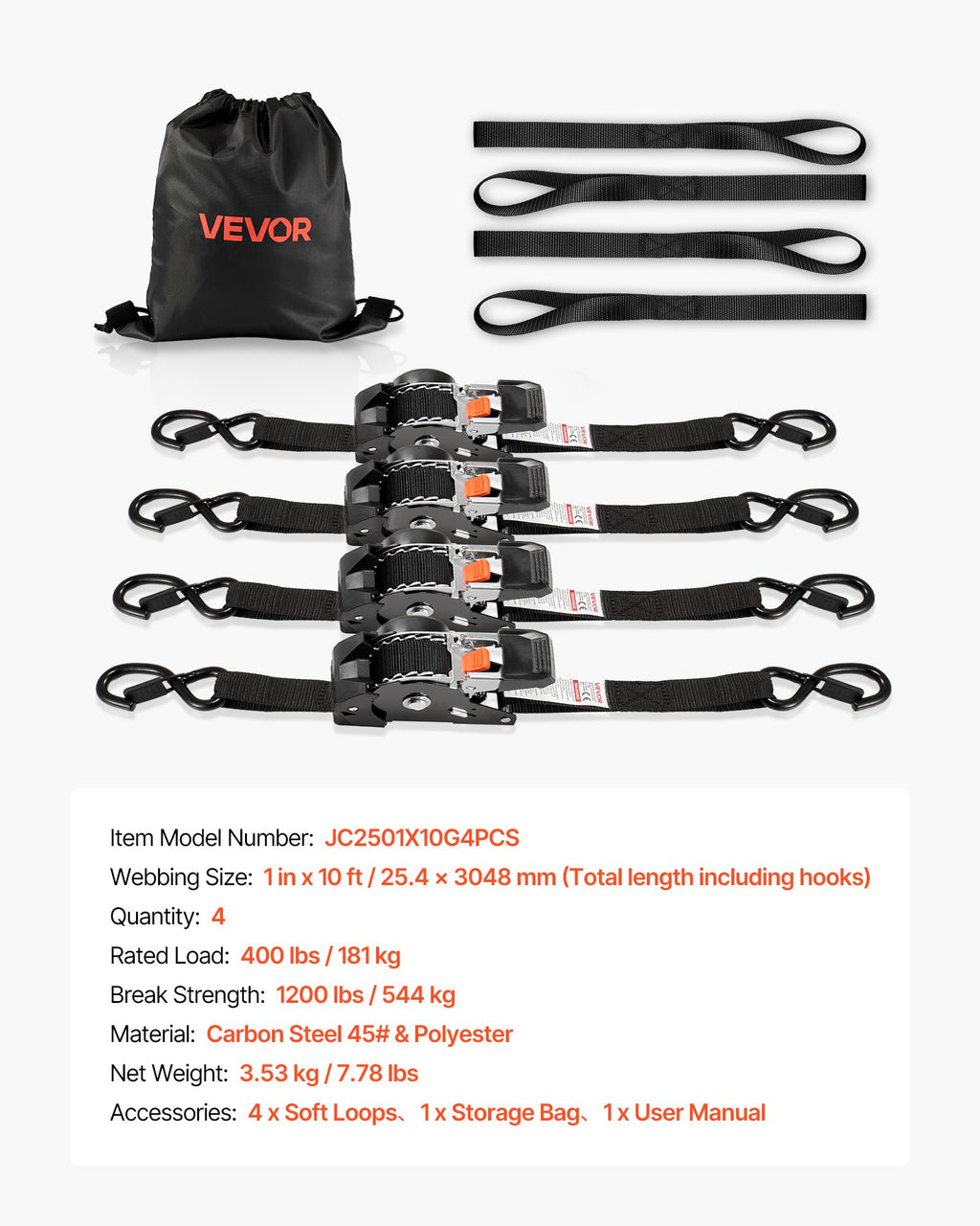 Retractable Ratchet Straps, 25.4 mm x 3 m, Tie Down Straps with S