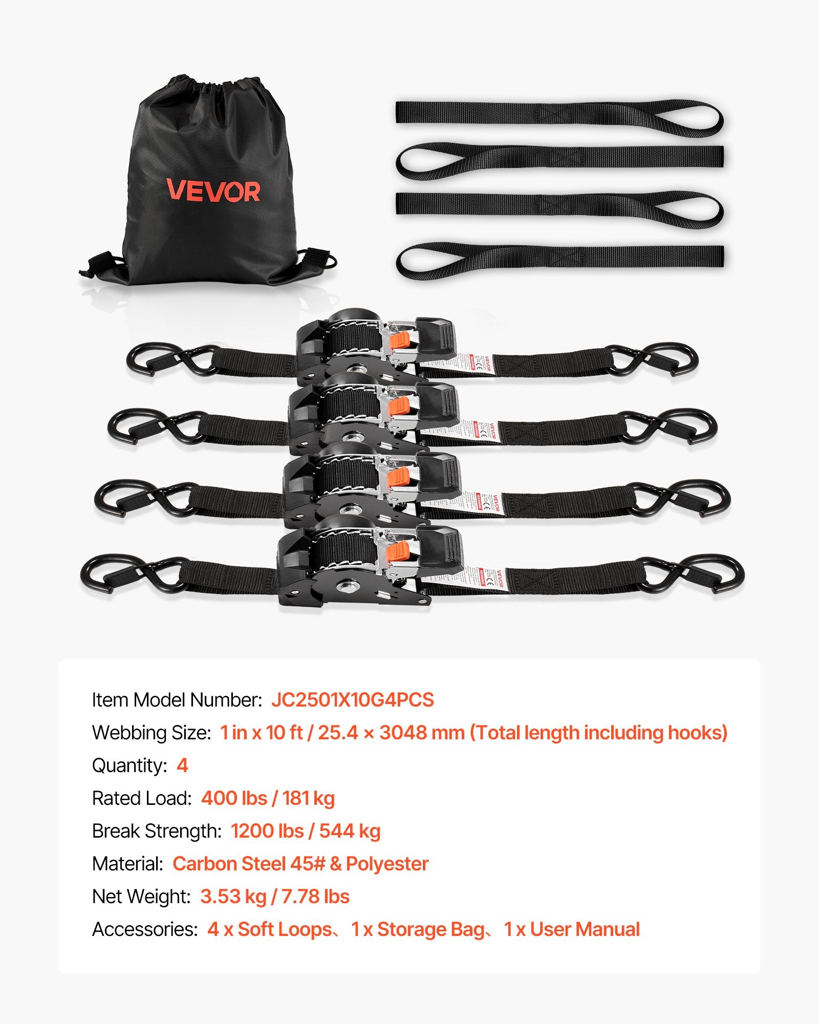 Retractable Ratchet Straps, 25.4 mm x 3 m, Tie Down Straps with S