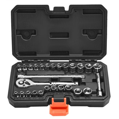 Socket Set, 27 Pieces, 6.4 mm Drive Socket and Ratchet Set, SAE and