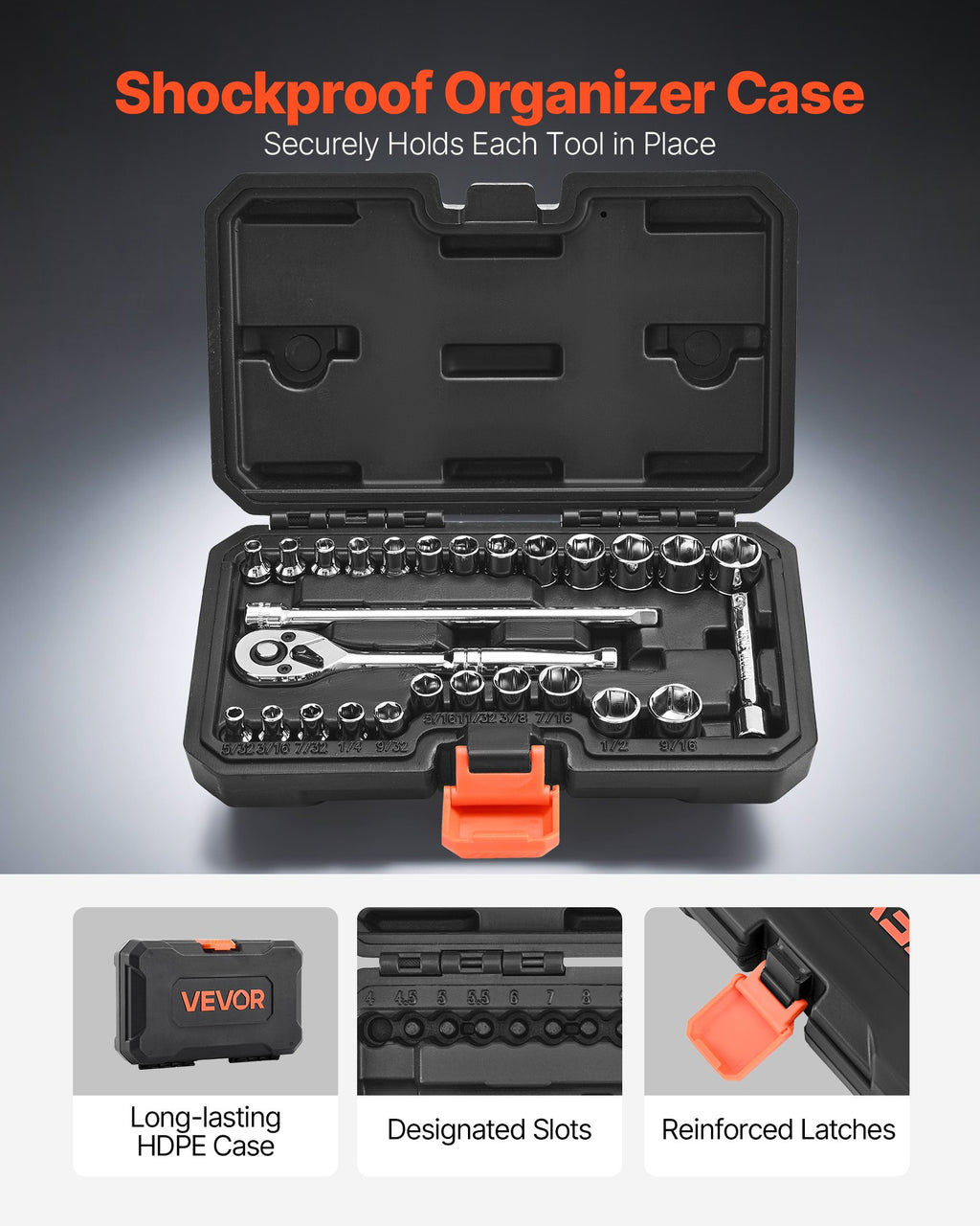 Socket Set, 27 Pieces, 6.4 mm Drive Socket and Ratchet Set, SAE and