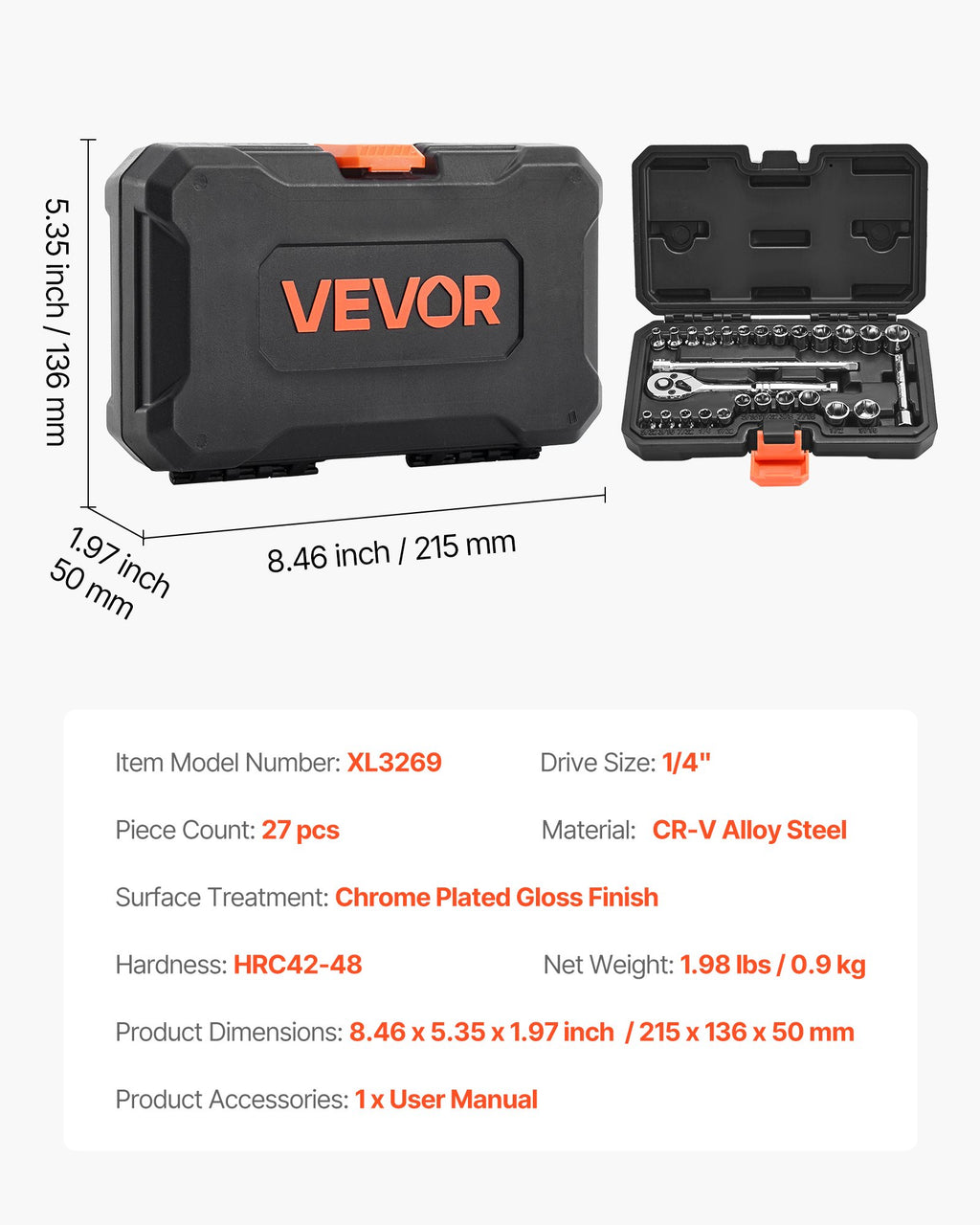 Socket Set, 27 Pieces, 6.4 mm Drive Socket and Ratchet Set, SAE and
