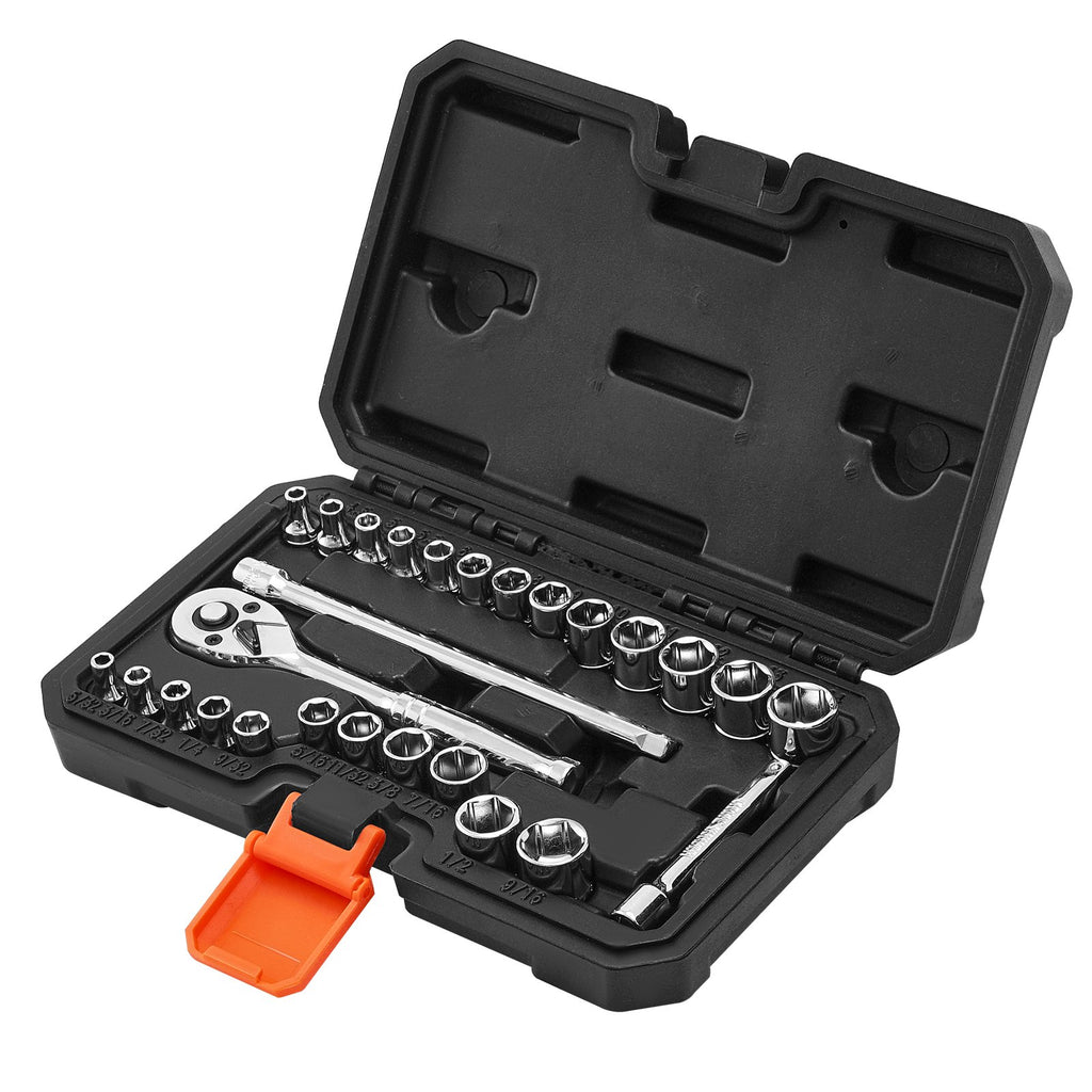 Socket Set, 27 Pieces, 6.4 mm Drive Socket and Ratchet Set, SAE and