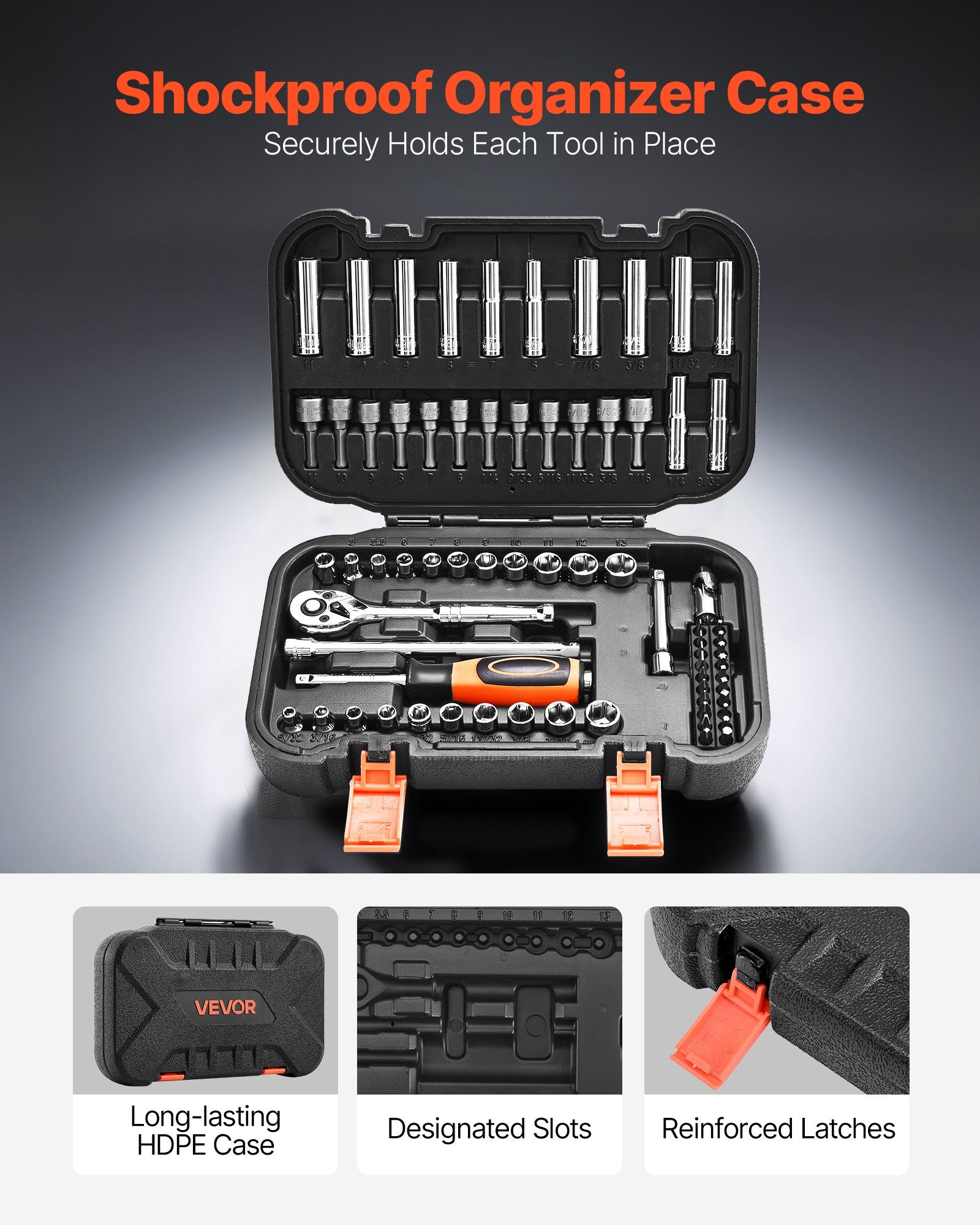 Socket Set, 70 Pieces, 6.4 mm Drive Socket and Ratchet Set, SAE and