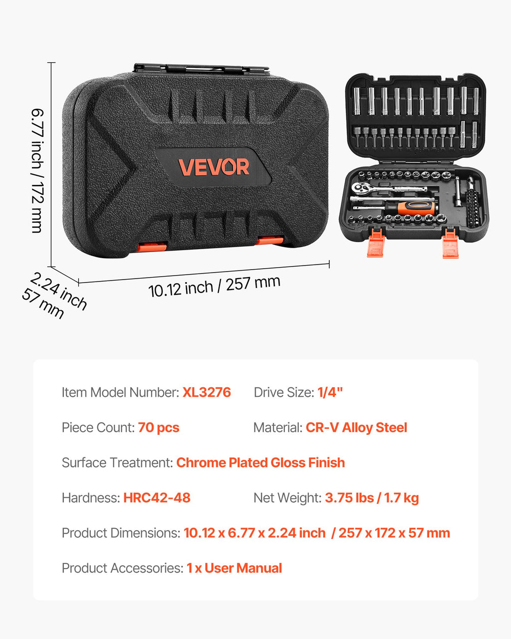 Socket Set, 70 Pieces, 6.4 mm Drive Socket and Ratchet Set, SAE and