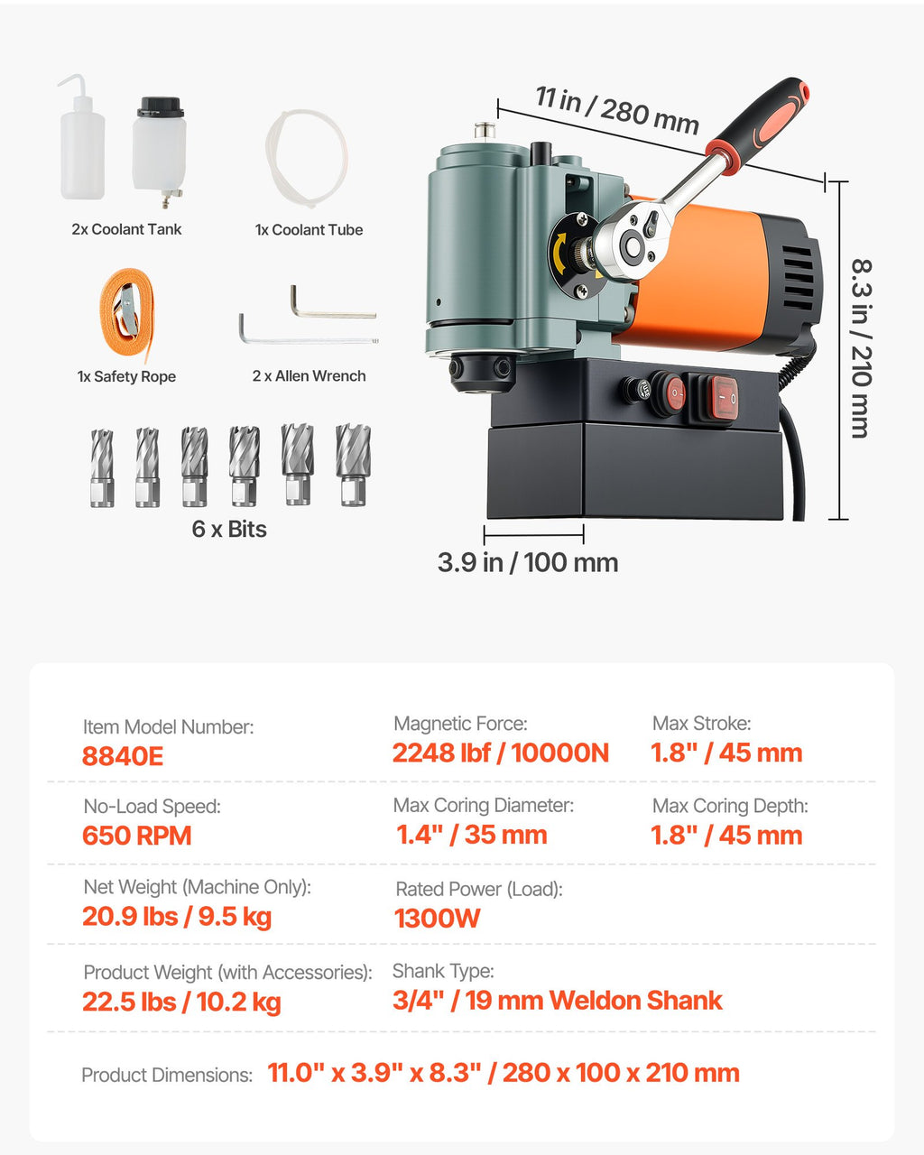 Low Profile Magnetic Drill Press, 1300 W, 35 mm Boring Diameter,