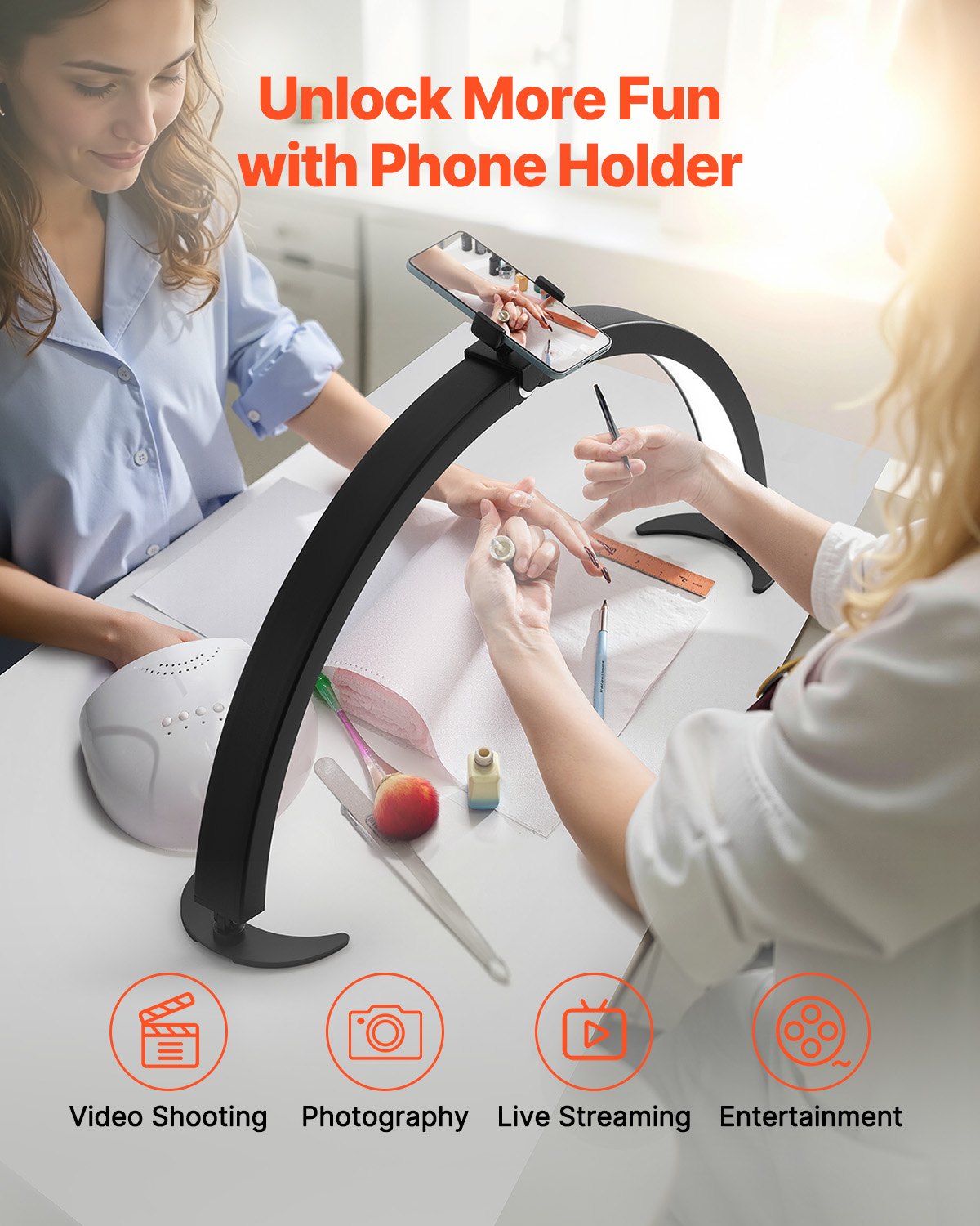 Nail Desk Light, 40 W Half Moon Desk Lamp with Phone Holder,