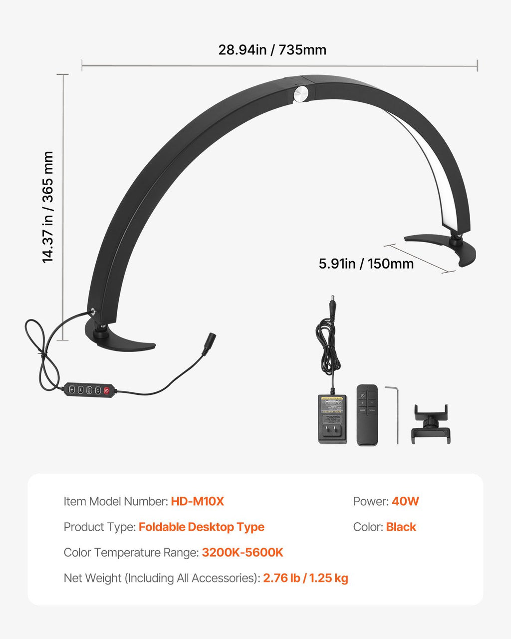 Nail Desk Light, 40 W Half Moon Desk Lamp with Phone Holder,