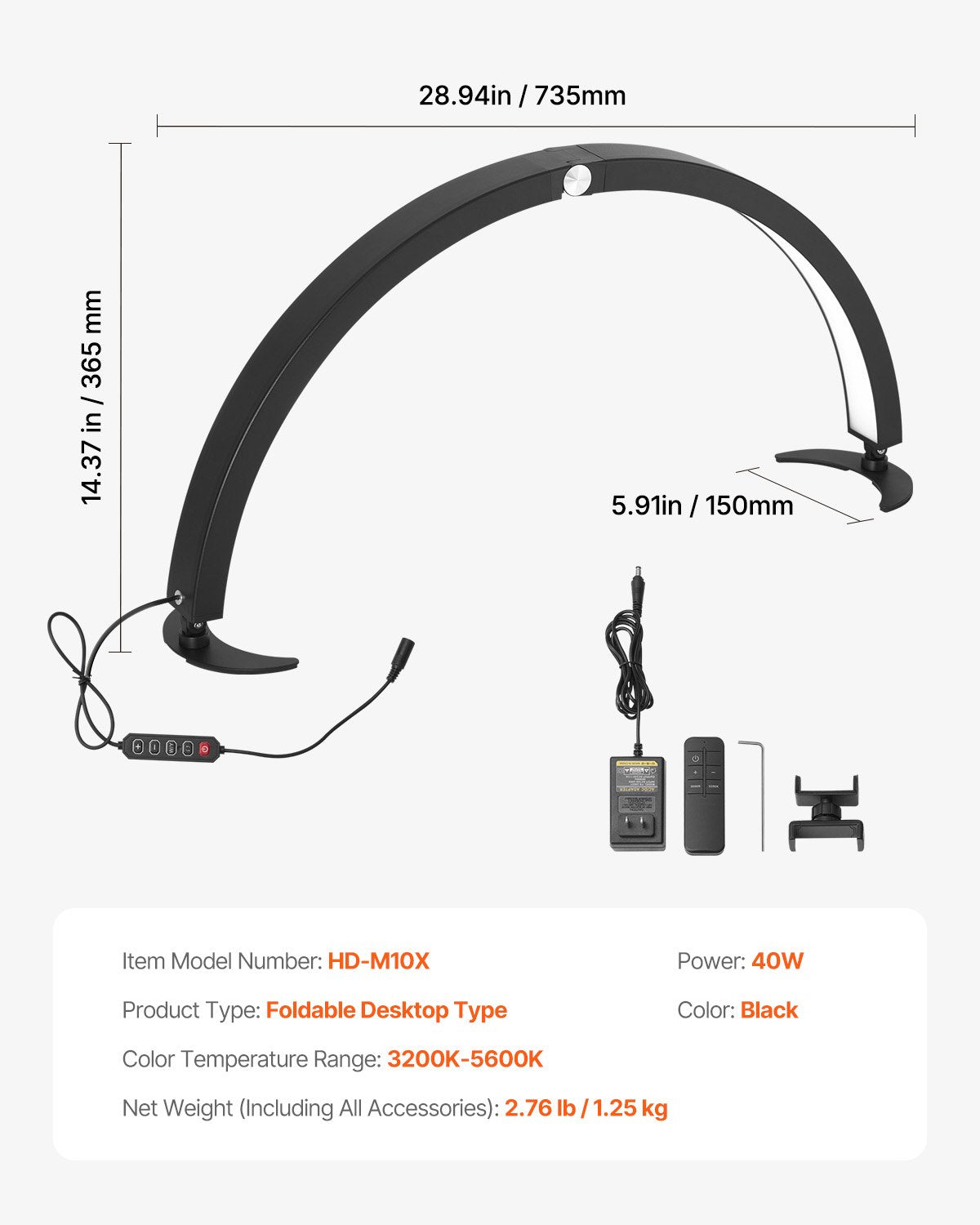 Nail Desk Light, 40 W Half Moon Desk Lamp with Phone Holder,