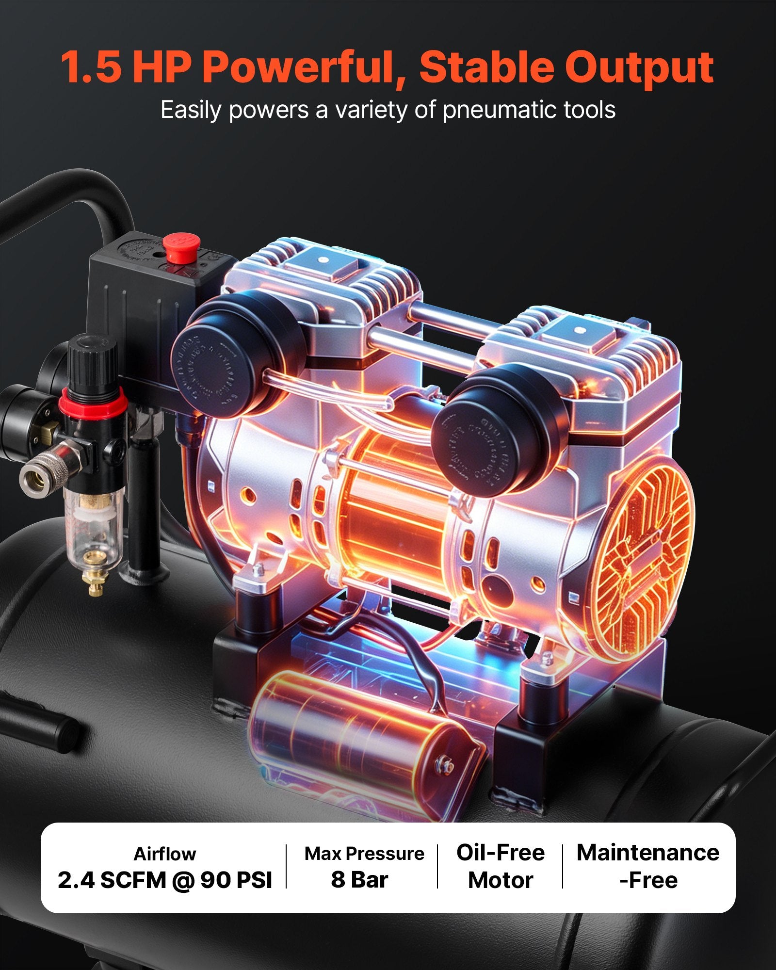 24L Air Compressor, 1.1KW Oil-Free Air Compressor Tank, 68 L/min at