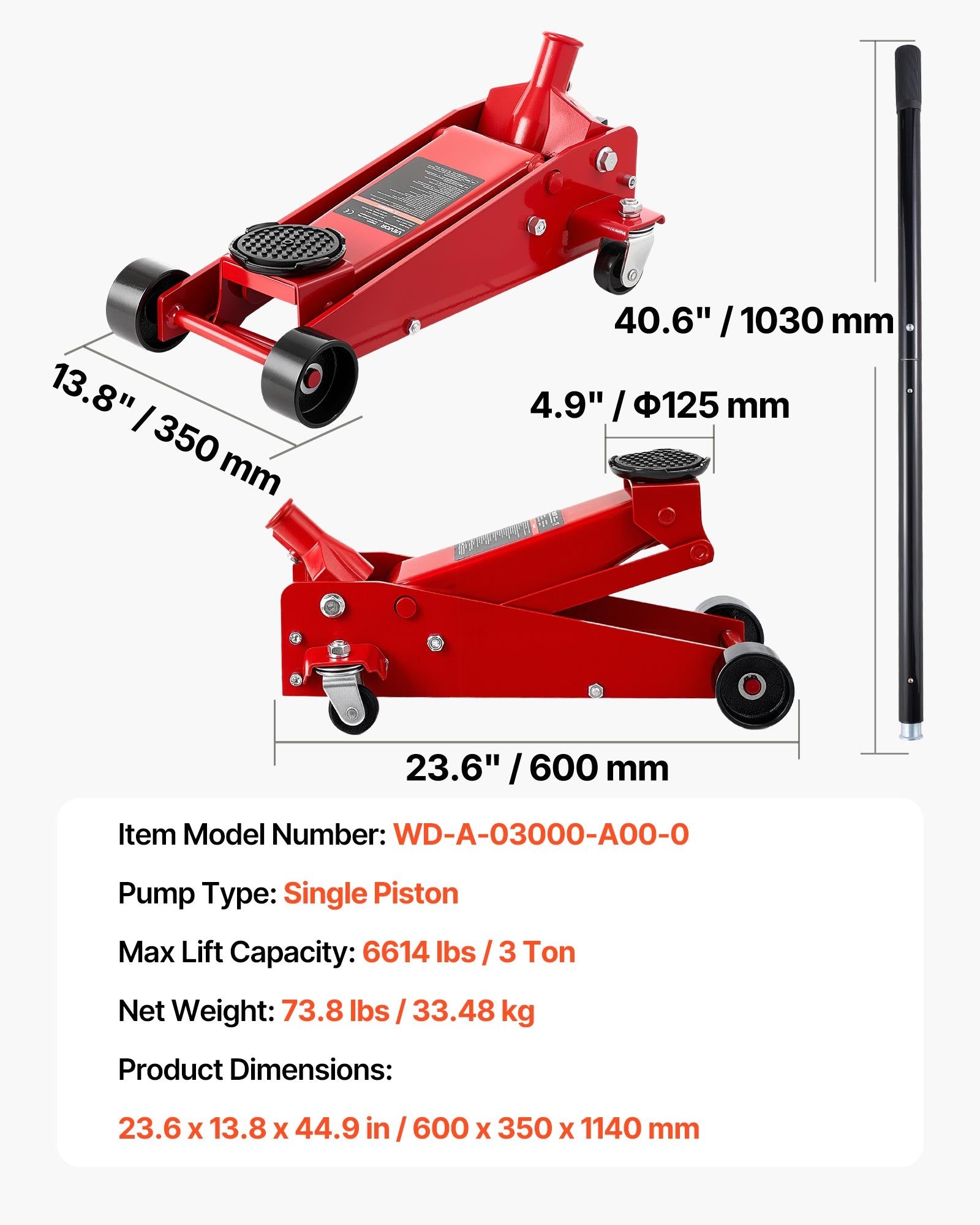 Low Profile Floor Jack, 3 Ton Capacity, Steel Racing Floor Jack with