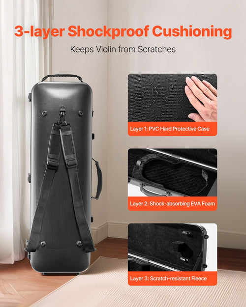 4/4 Full Size Violin Case, Built-in Hygrometer, Lightweight Portable