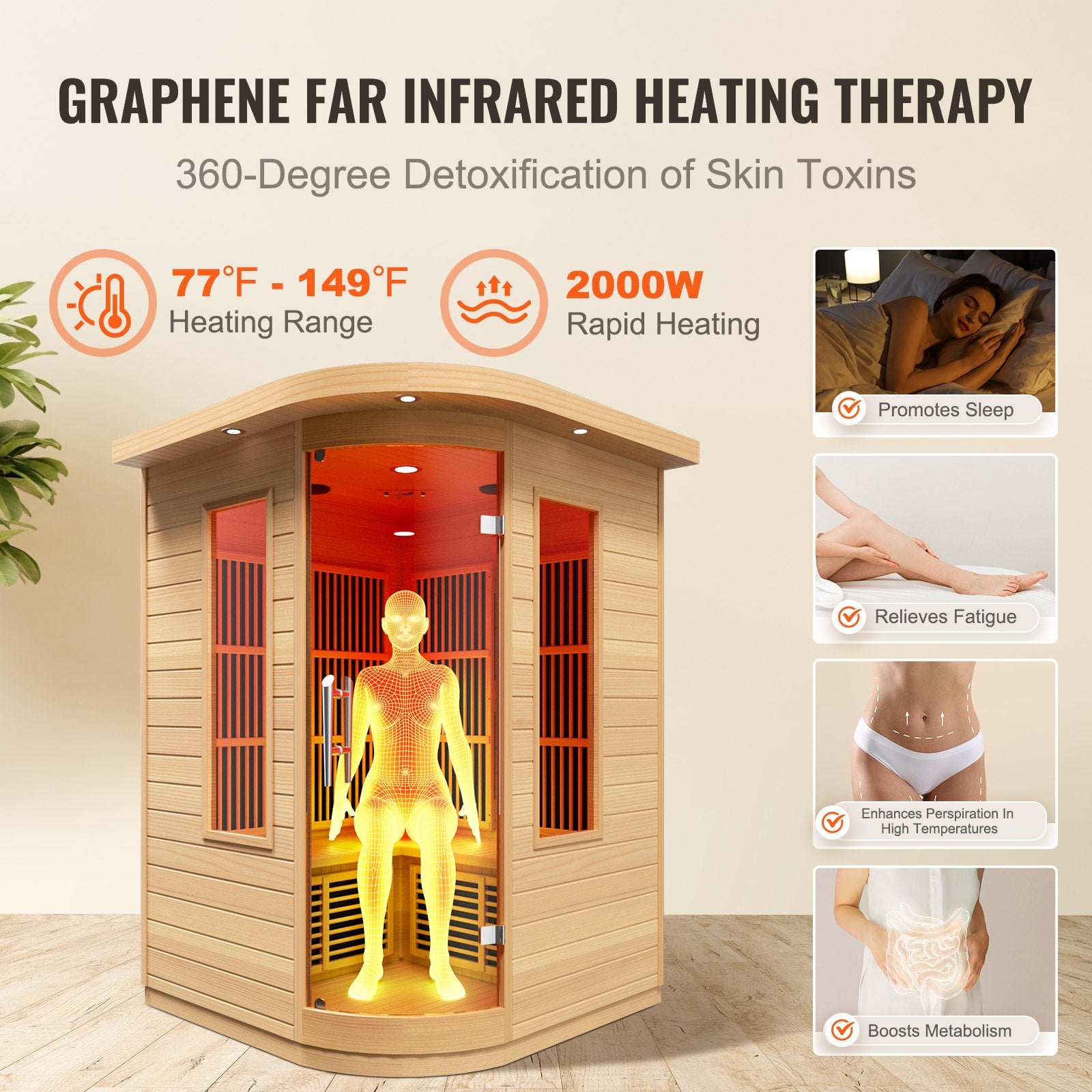 Far Infrared Wooden Sauna, Room Home Sauna Spa for 2 Person, Low EMF