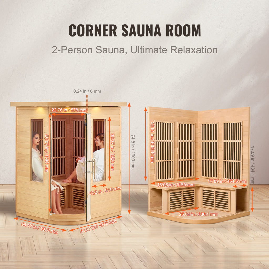 Far Infrared Wooden Sauna, Room Home Sauna Spa for 2 Person, Low EMF