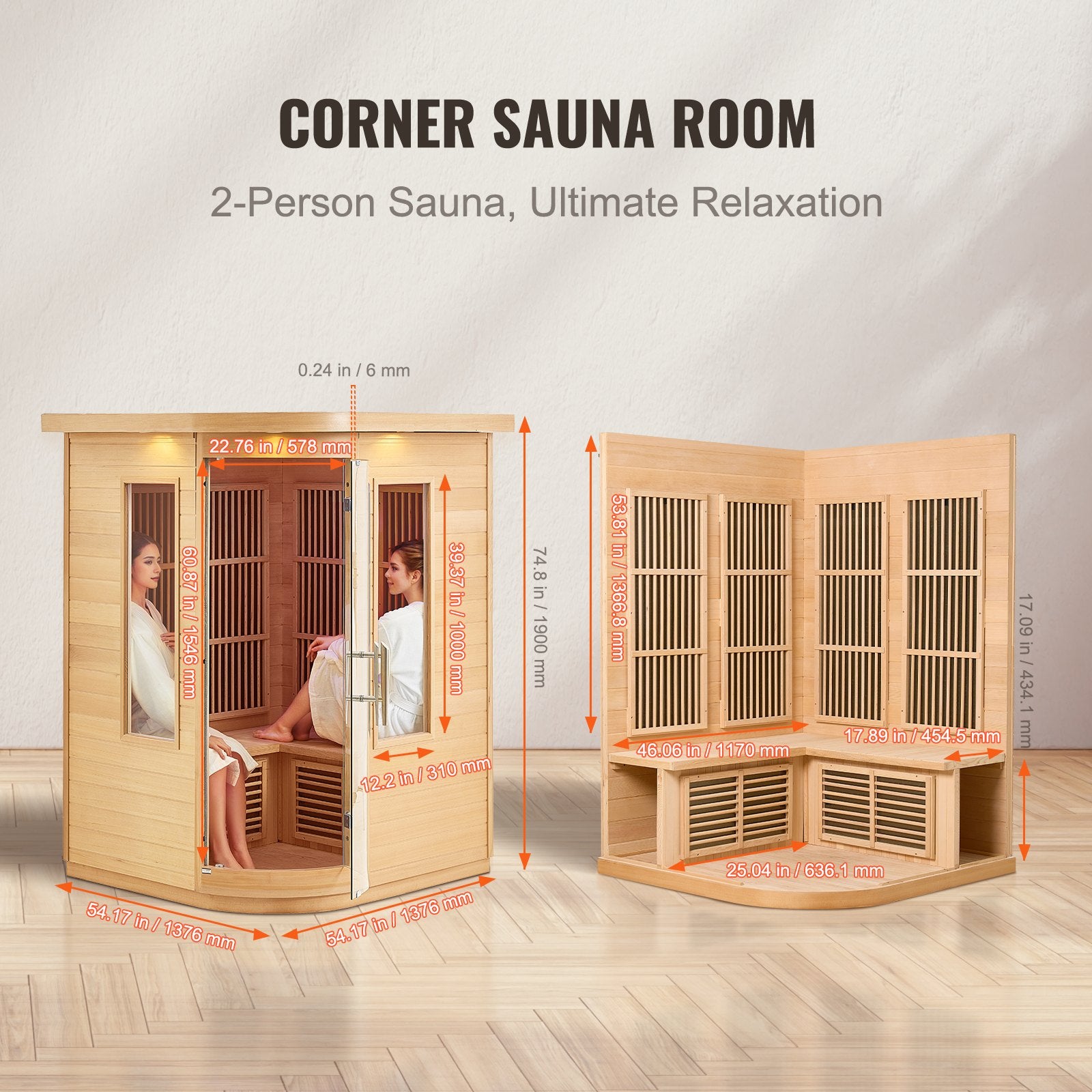 Far Infrared Wooden Sauna, Room Home Sauna Spa for 2 Person, Low EMF