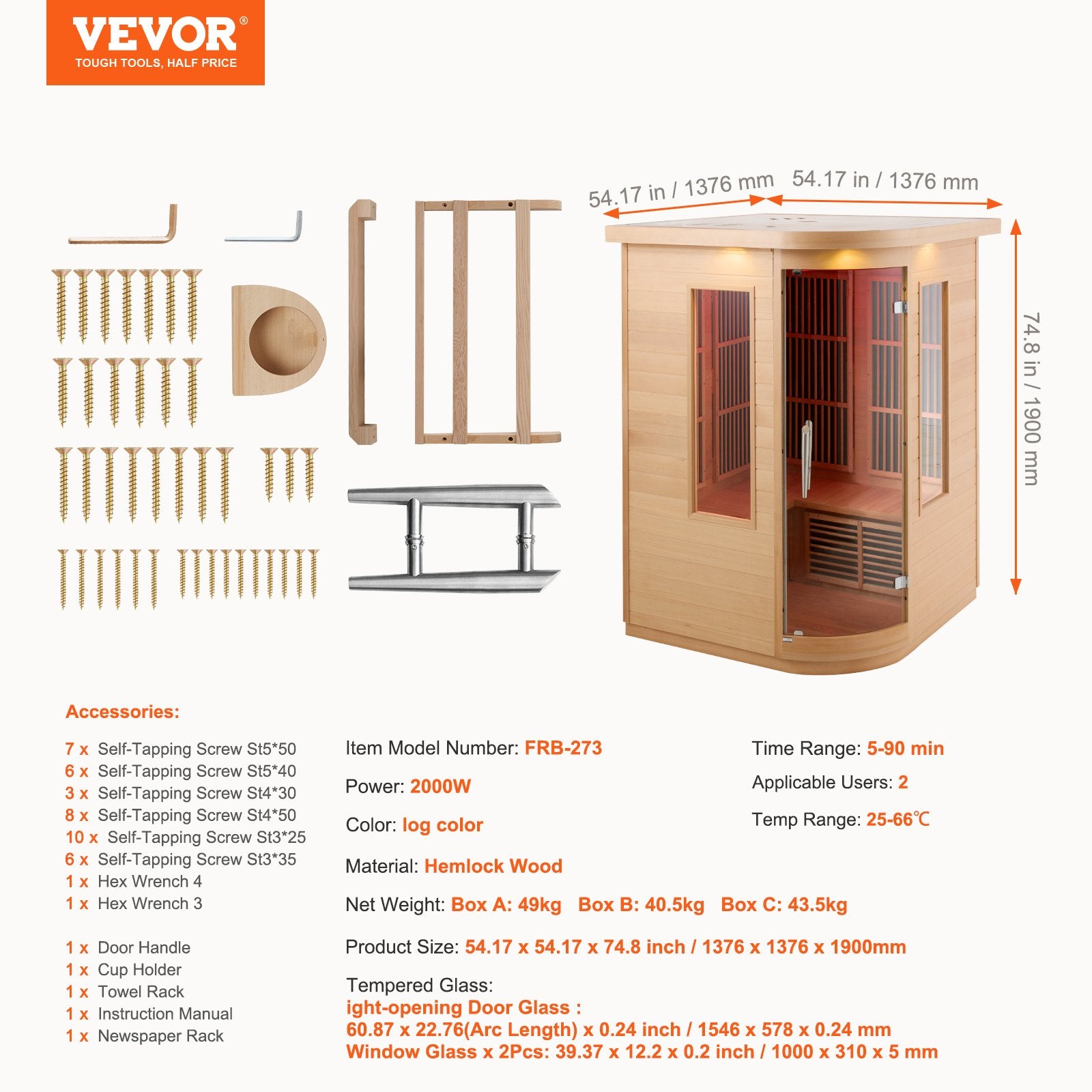 Far Infrared Wooden Sauna, Room Home Sauna Spa for 2 Person, Low EMF