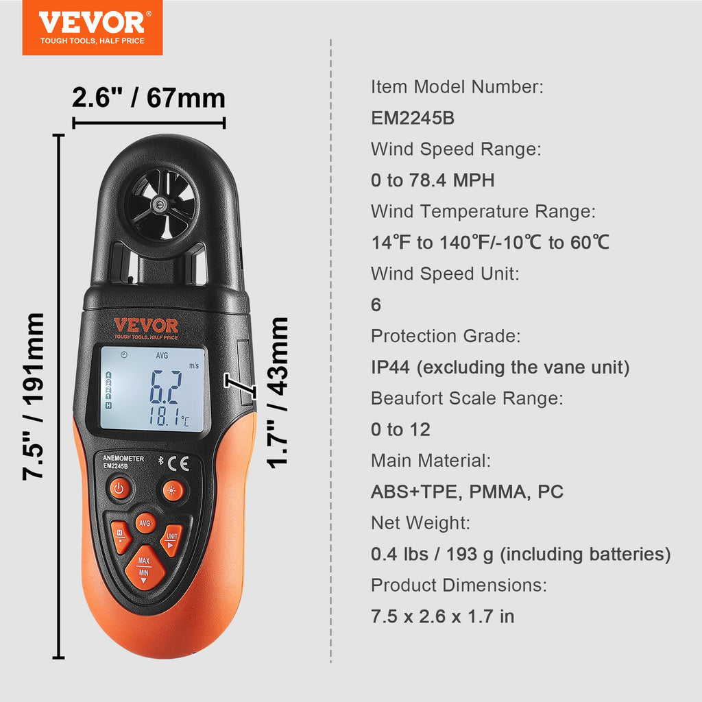 Bluetooth Handheld Anemometer, 14℉-140℉, Digital Wind Speed Meter