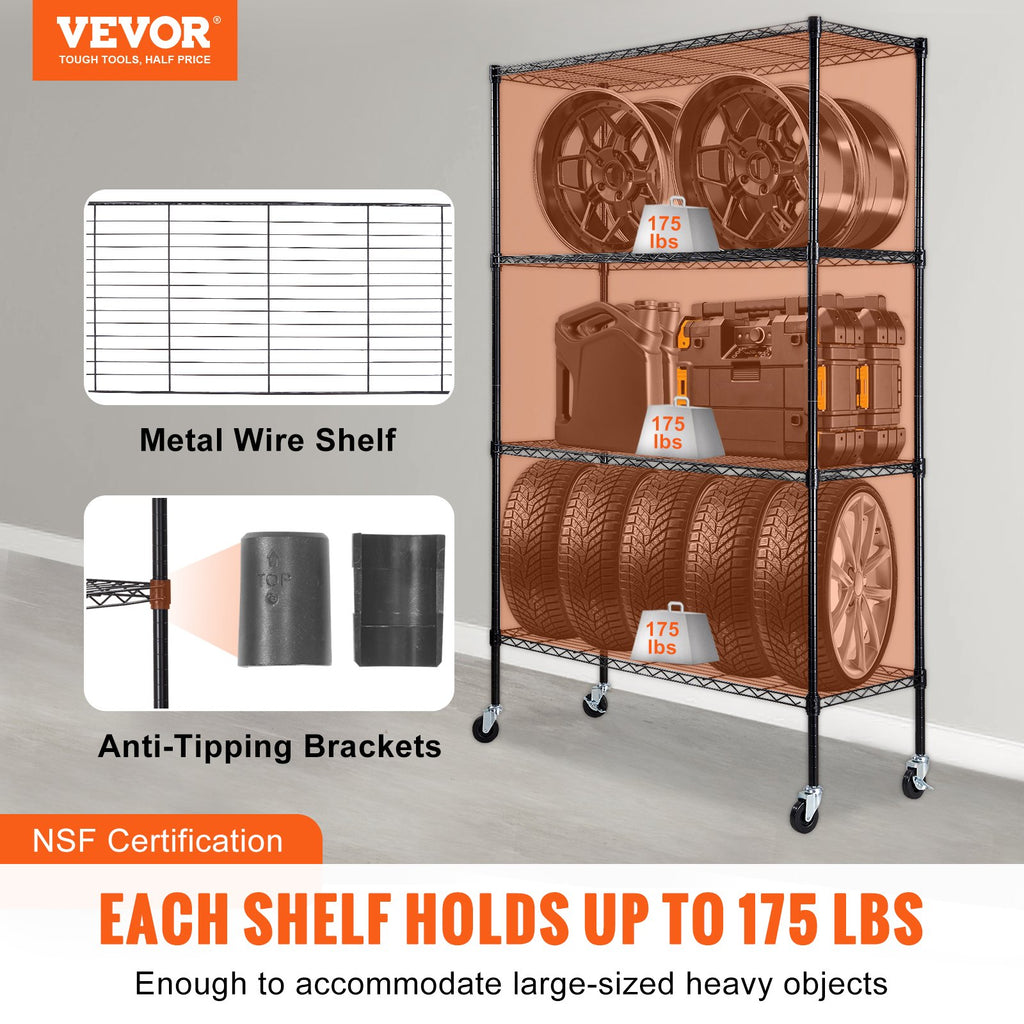Storage Shelving Unit with Wheels, 4-Tier Adjustable, 700 lbs