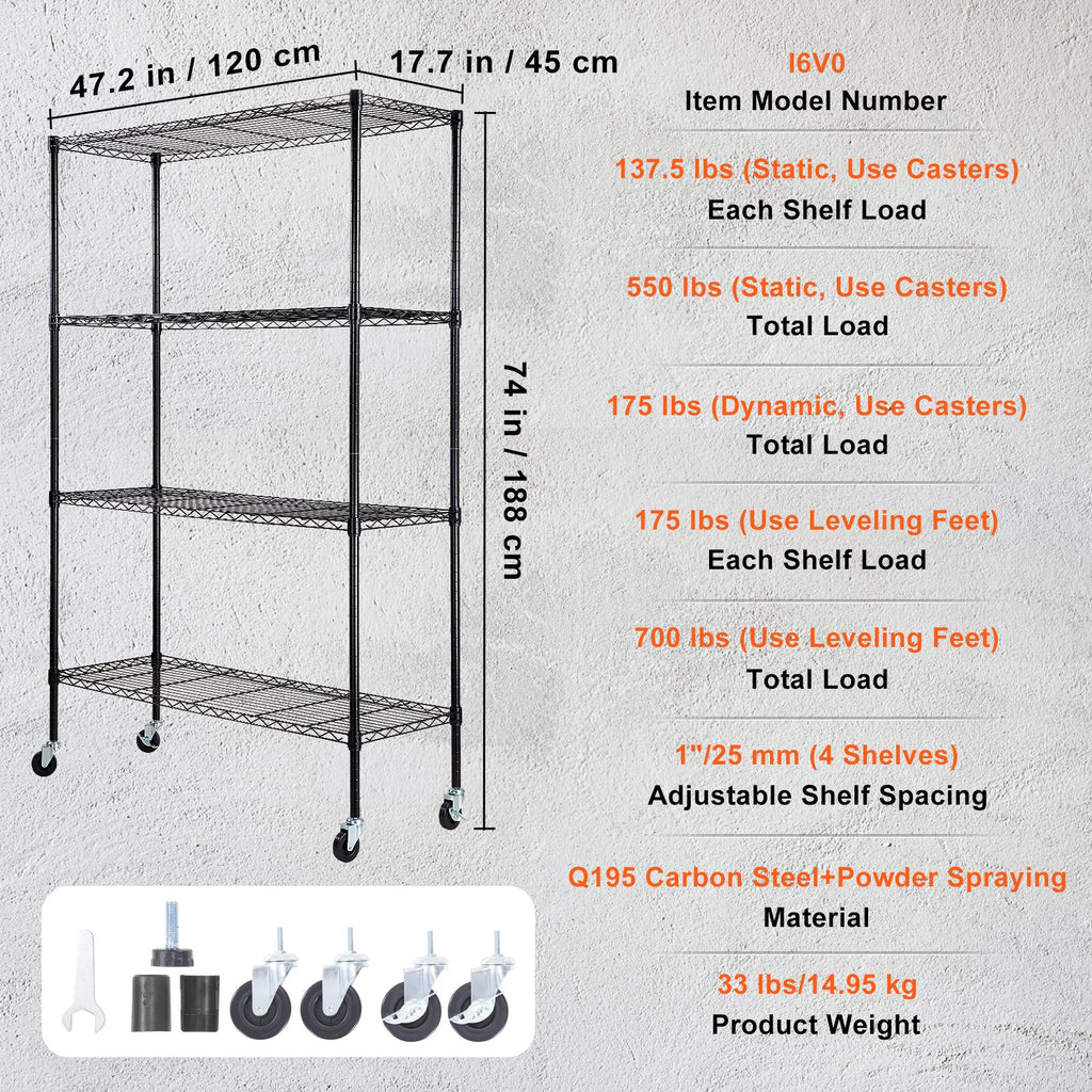 Storage Shelving Unit with Wheels, 4-Tier Adjustable, 700 lbs