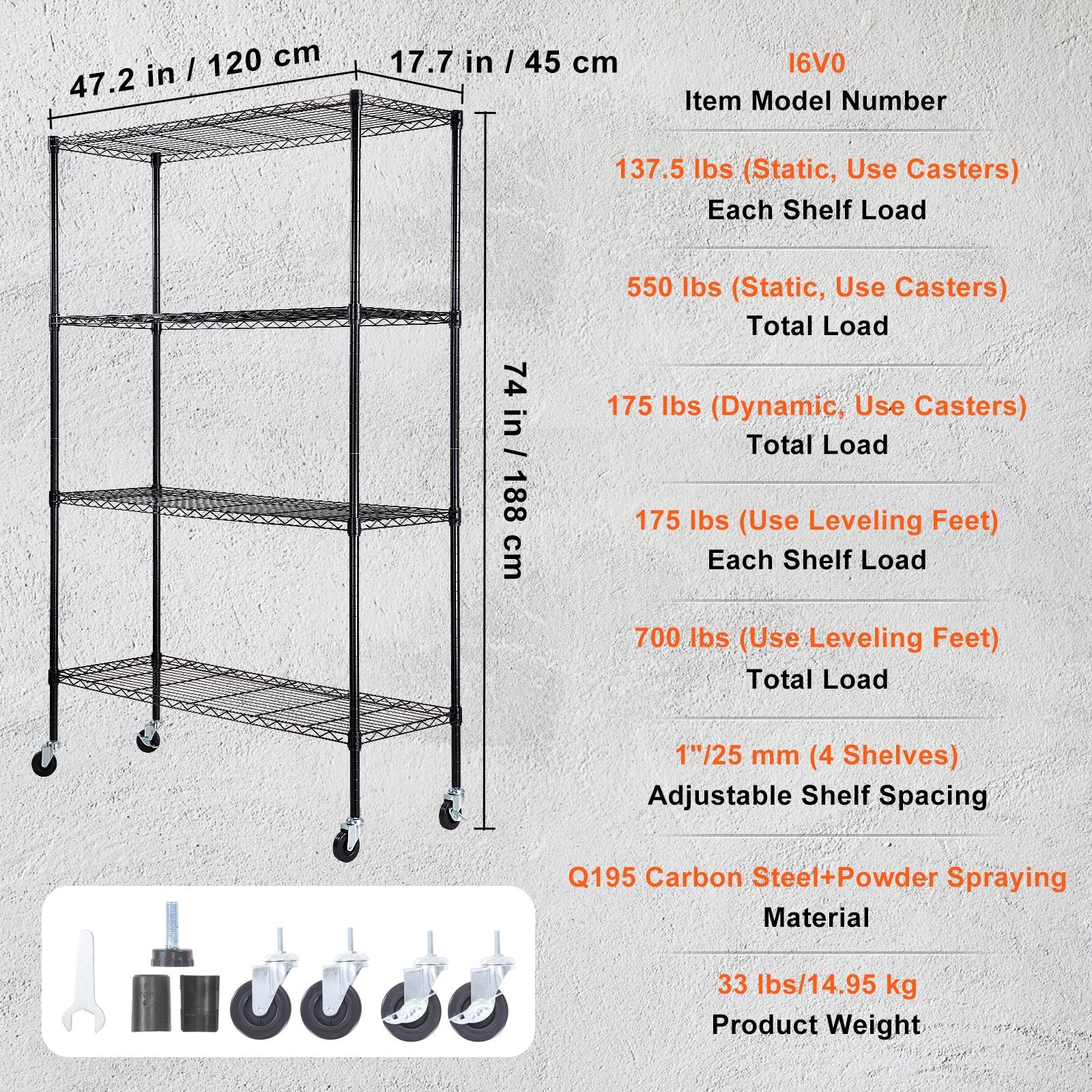 Storage Shelving Unit with Wheels, 4-Tier Adjustable, 700 lbs