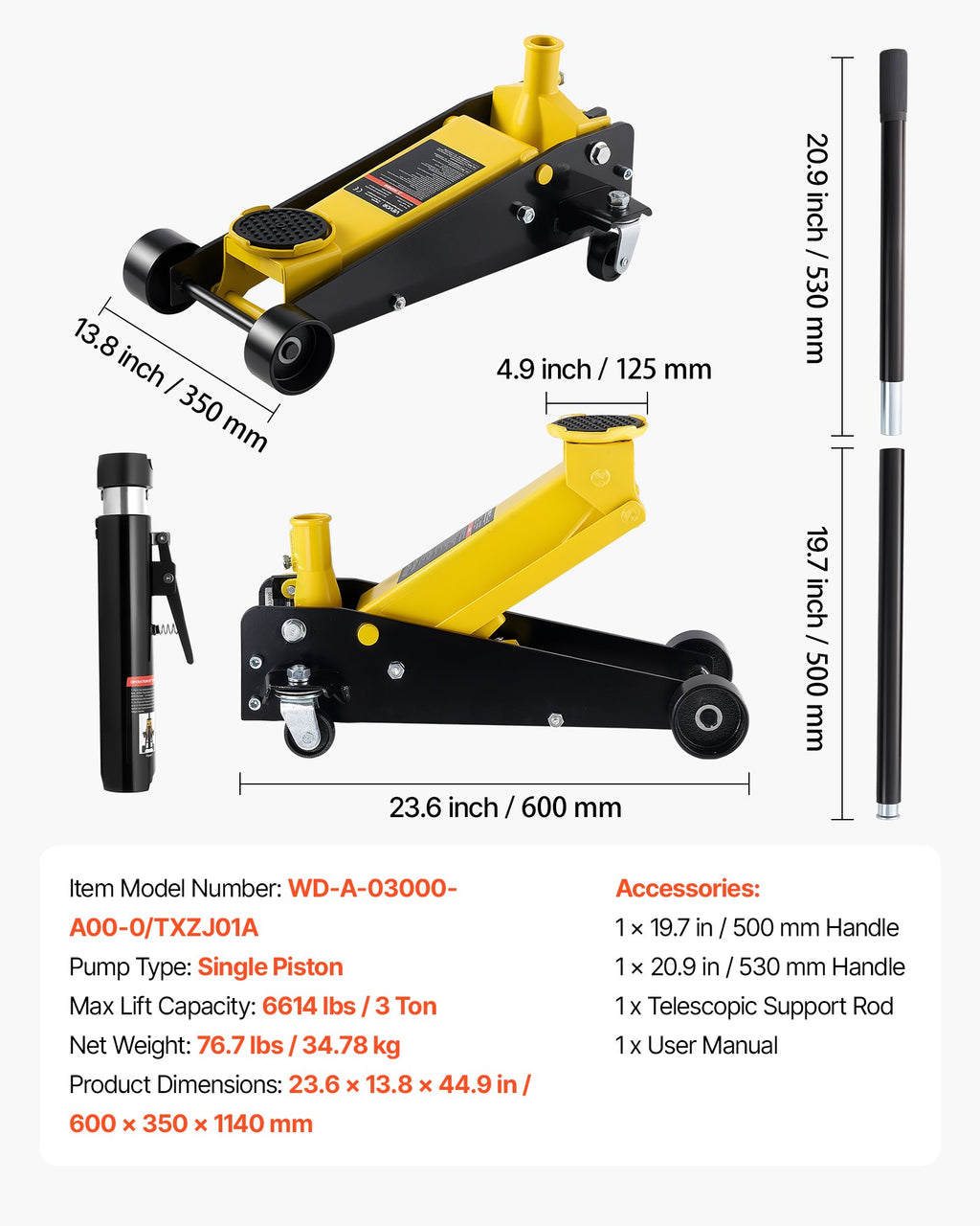 Low Profile Floor Jack, 3 Ton Capacity, Steel Racing Floor Jack with