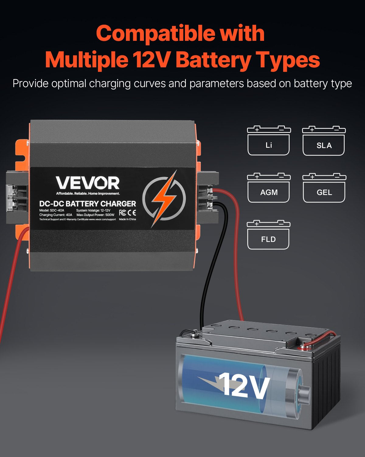 12V 40A DC to DC Battery Charger, 500W, On-Board Battery Charger for