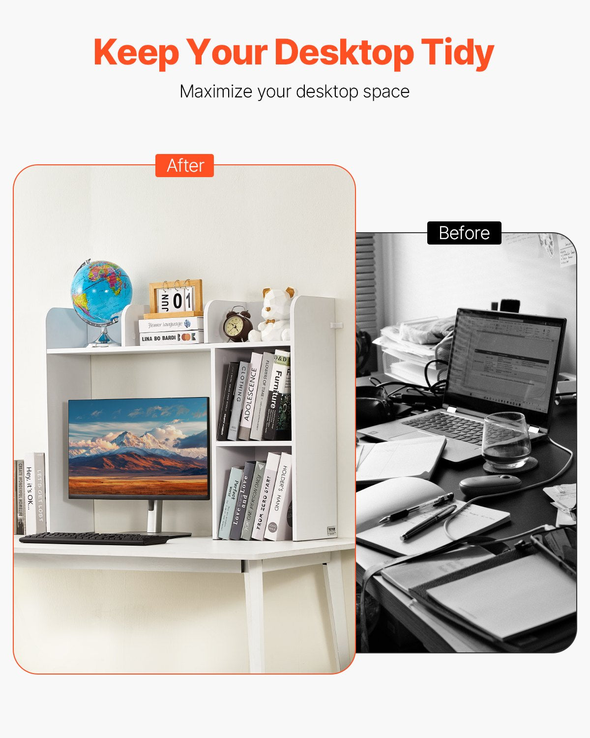 Desktop Bookshelf, 2-Tier Desktop Storage Organizer, 37.2in x 9.5in x