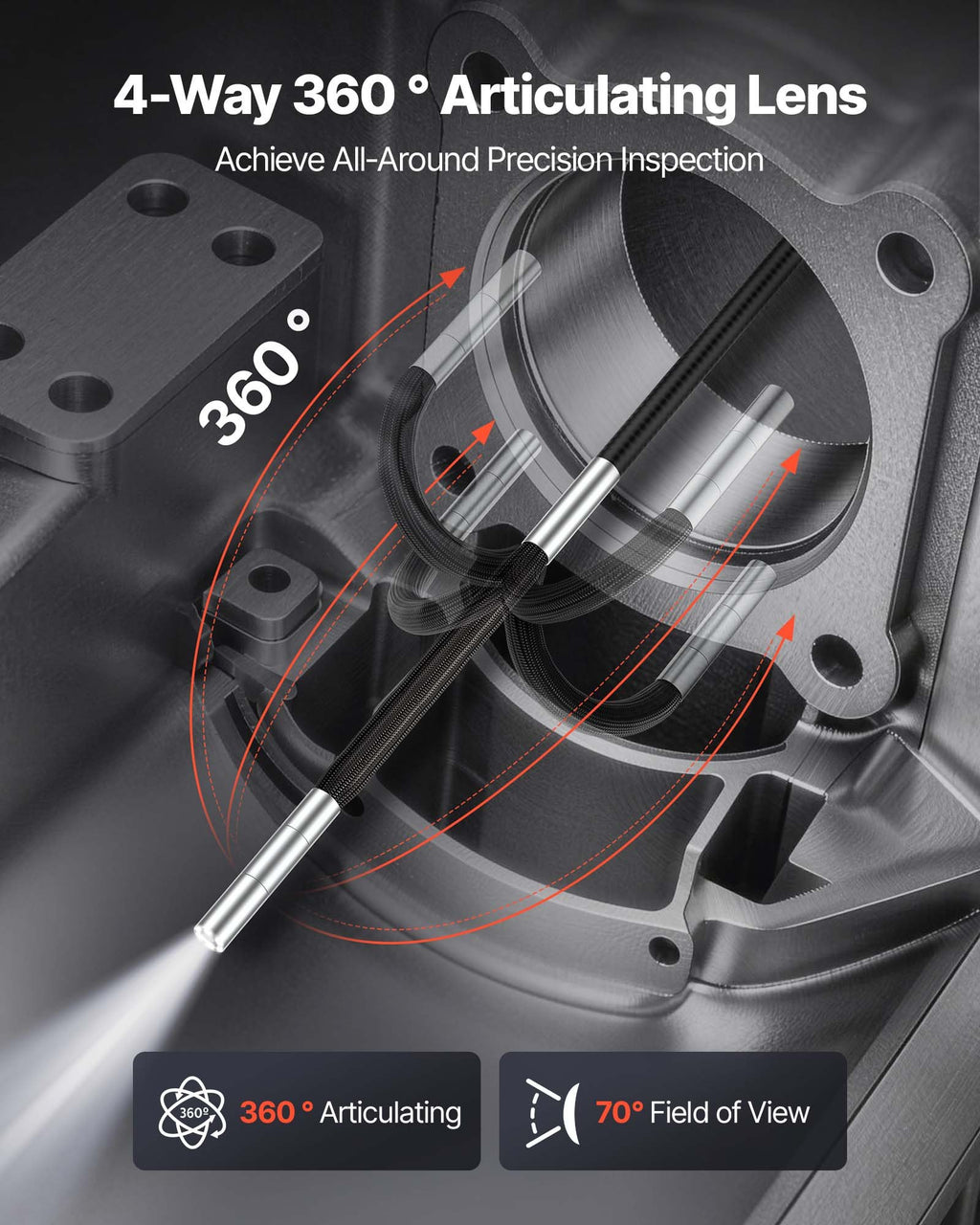 Articulating Borescope with 3.9mm Ultra Slim Lens, 4-Way 360°